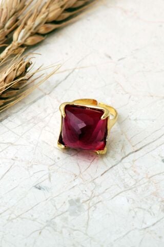 5 Farklı Doğal Taş Seçenekli Altın Yaldızlı Kare 925 Ayar Gümüş Ayarlanabilir Yüzük 6013