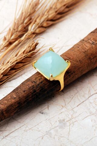 5 Farklı Doğal Taş Seçenekli Altın Yaldızlı Kare 925 Ayar Gümüş Ayarlanabilir Yüzük 6013 Aventurin Taşı (Yeşil)