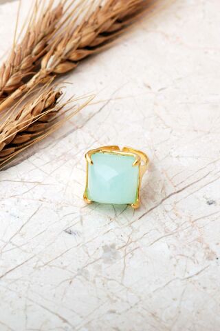 5 Farklı Doğal Taş Seçenekli Altın Yaldızlı Kare 925 Ayar Gümüş Ayarlanabilir Yüzük 6013 Aventurin Taşı (Yeşil)