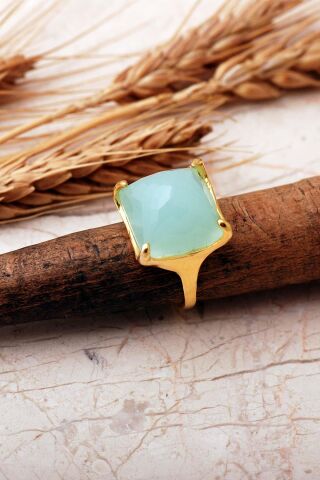 5 Farklı Doğal Taş Seçenekli Altın Yaldızlı Kare 925 Ayar Gümüş Ayarlanabilir Yüzük 6013 Aventurin Taşı (Yeşil)