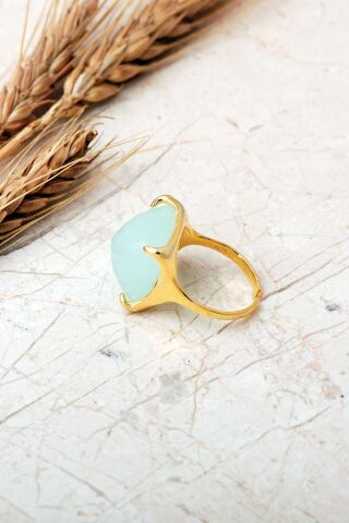 5 Farklı Doğal Taş Seçenekli Altın Yaldızlı Kare 925 Ayar Gümüş Ayarlanabilir Yüzük 6013 Aventurin Taşı (Yeşil)