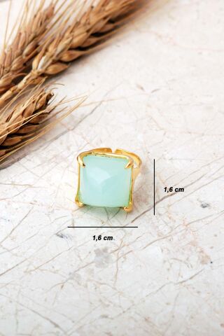 5 Farklı Doğal Taş Seçenekli Altın Yaldızlı Kare 925 Ayar Gümüş Ayarlanabilir Yüzük 6013 Aventurin Taşı (Yeşil)