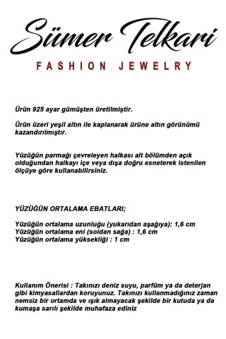 5 Farklı Doğal Taş Seçenekli Altın Yaldızlı Kare 925 Ayar Gümüş Ayarlanabilir Yüzük 6013 Aventurin Taşı (Yeşil)