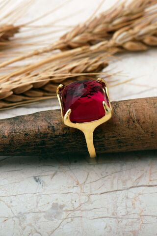 5 Farklı Doğal Taş Seçenekli Altın Yaldızlı Kare 925 Ayar Gümüş Ayarlanabilir Yüzük 6013 Kök Yakut Taşı (Bordo)