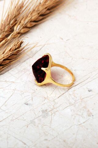 5 Farklı Doğal Taş Seçenekli Altın Yaldızlı Kare 925 Ayar Gümüş Ayarlanabilir Yüzük 6013 Kök Yakut Taşı (Bordo)