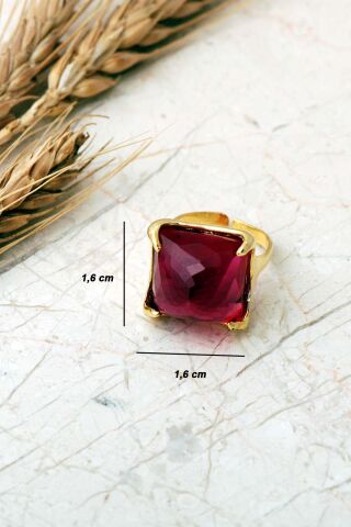 5 Farklı Doğal Taş Seçenekli Altın Yaldızlı Kare 925 Ayar Gümüş Ayarlanabilir Yüzük 6013 Kök Yakut Taşı (Bordo)