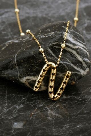 Kalpli Altın Kaplama N Harf Gümüş Balon Kolye 8050