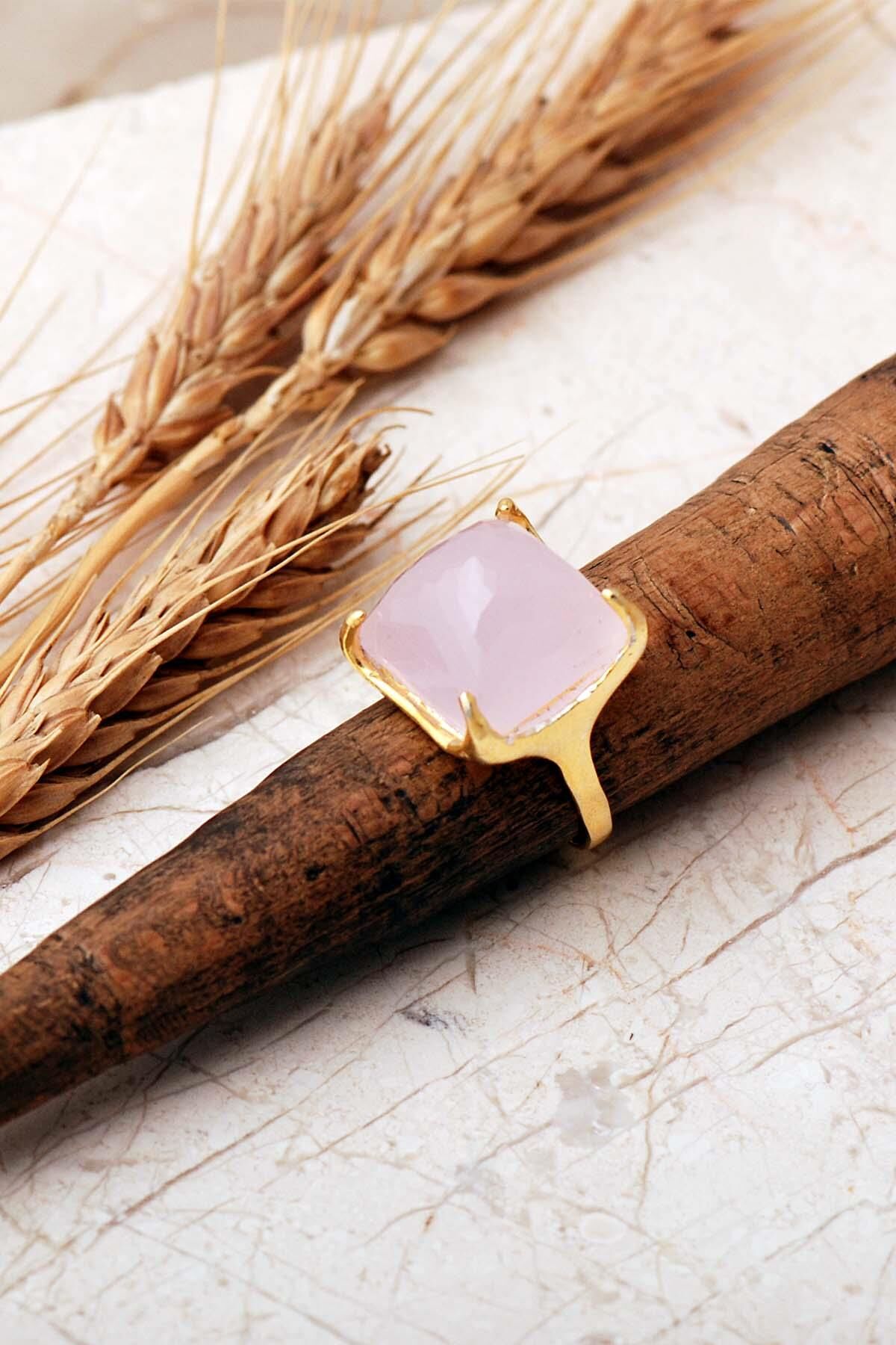 5 Farklı Doğal Taş Seçenekli Altın Yaldızlı Kare 925 Ayar Gümüş Ayarlanabilir Yüzük 6013 Pembe Kuvars Taşı (Pembe)
