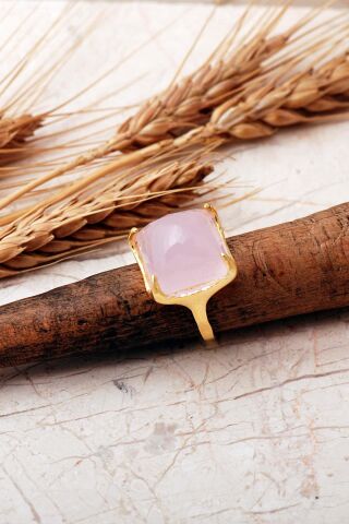 5 Farklı Doğal Taş Seçenekli Altın Yaldızlı Kare 925 Ayar Gümüş Ayarlanabilir Yüzük 6013 Pembe Kuvars Taşı (Pembe)