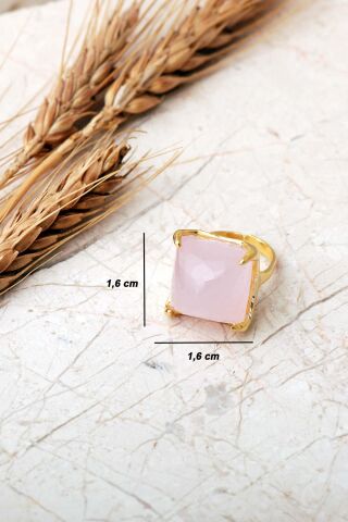 5 Farklı Doğal Taş Seçenekli Altın Yaldızlı Kare 925 Ayar Gümüş Ayarlanabilir Yüzük 6013 Pembe Kuvars Taşı (Pembe)