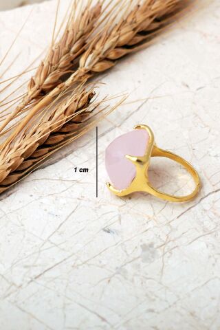 5 Farklı Doğal Taş Seçenekli Altın Yaldızlı Kare 925 Ayar Gümüş Ayarlanabilir Yüzük 6013 Pembe Kuvars Taşı (Pembe)