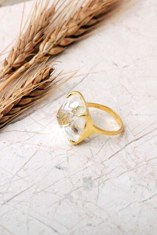 5 Farklı Doğal Taş Seçenekli Altın Yaldızlı Kare 925 Ayar Gümüş Ayarlanabilir Yüzük 6013 Kuvars Taşı (Beyaz)