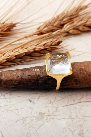 5 Farklı Doğal Taş Seçenekli Altın Yaldızlı Kare 925 Ayar Gümüş Ayarlanabilir Yüzük 6013 Kuvars Taşı (Beyaz)