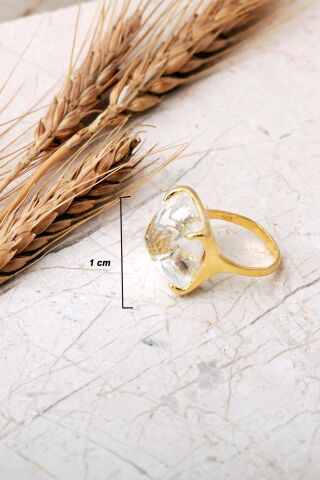 5 Farklı Doğal Taş Seçenekli Altın Yaldızlı Kare 925 Ayar Gümüş Ayarlanabilir Yüzük 6013 Kuvars Taşı (Beyaz)