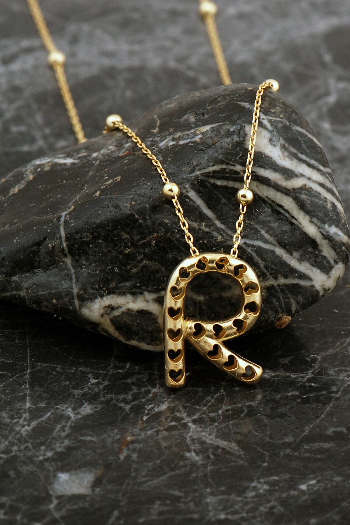 Kalpli Altın Kaplama R Harf Gümüş Balon Kolye 8054