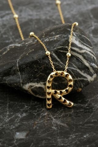 Kalpli Altın Kaplama R Harf Gümüş Balon Kolye 8054