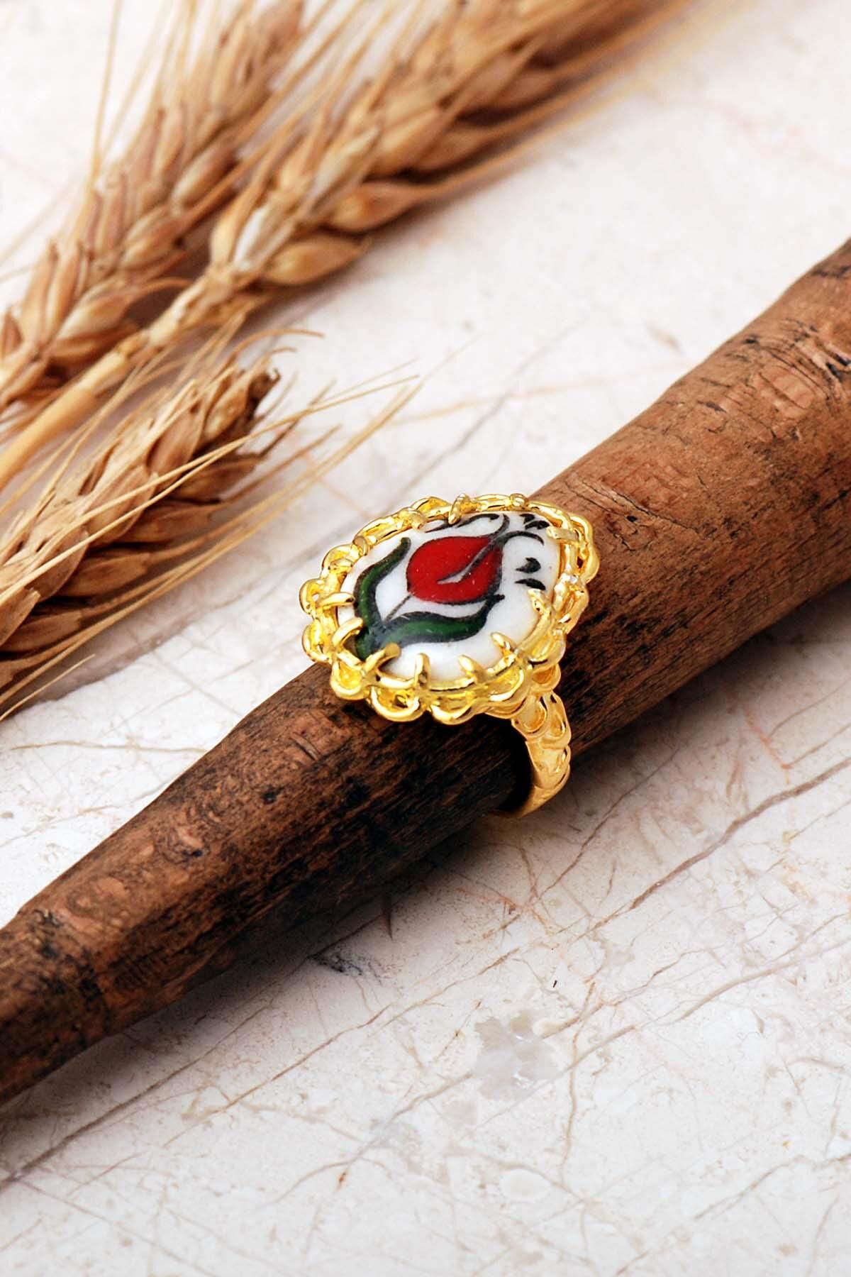 Laleli Çini Desenli Altın Yaldızlı Ayarlanabilir 925 Ayar Gümüş Damla Yüzük 6014