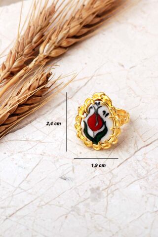 Laleli Çini Desenli Altın Yaldızlı Ayarlanabilir 925 Ayar Gümüş Damla Yüzük 6014