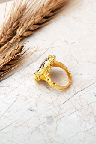 Laleli Çini Desenli Altın Yaldızlı Ayarlanabilir 925 Ayar Gümüş Damla Yüzük 6014