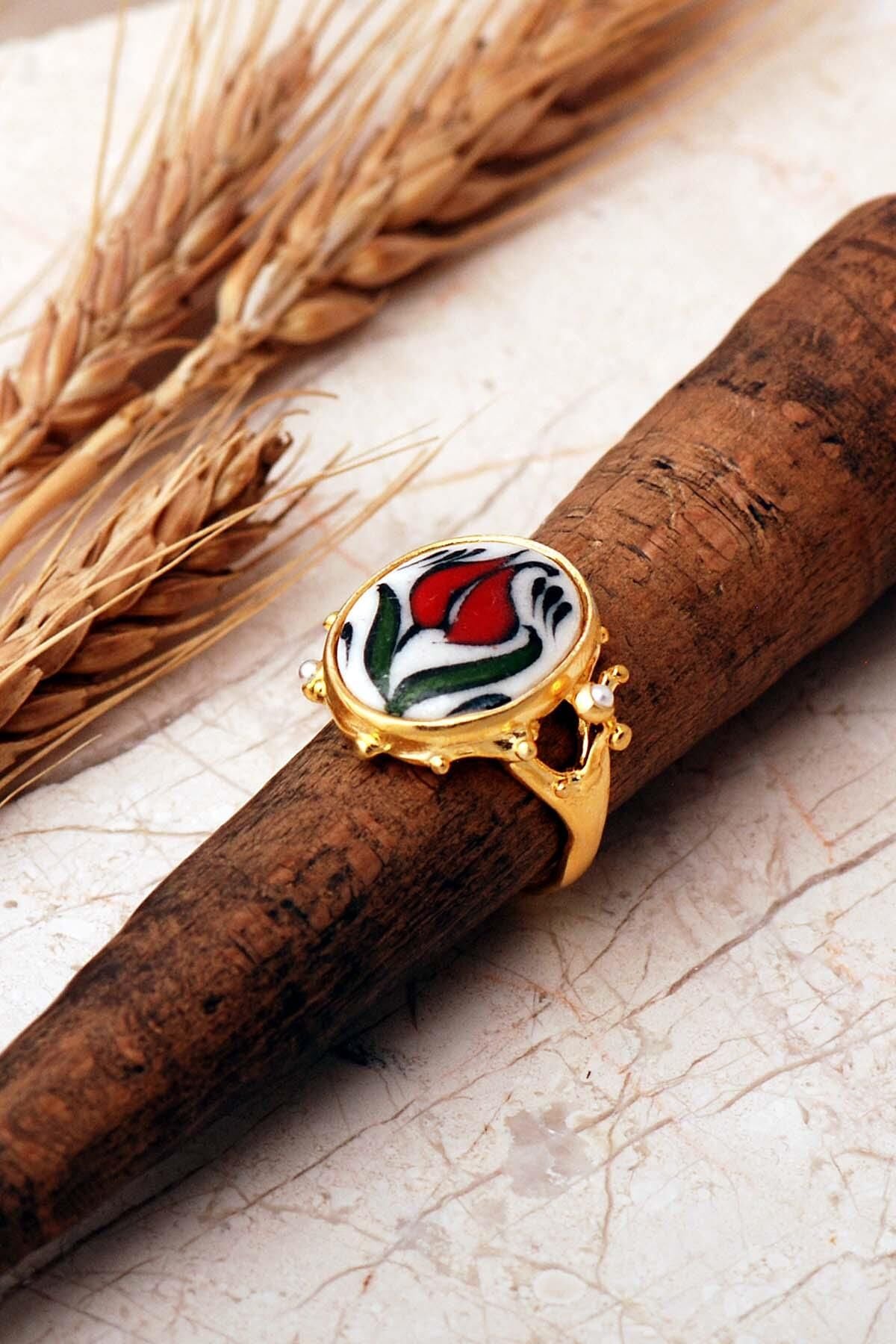 Laleli Çini Desenli Altın Yaldızlı Ayarlanabilir 925 Ayar Gümüş Oval Yüzük 6015