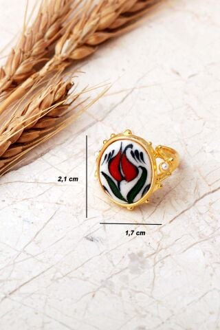 Laleli Çini Desenli Altın Yaldızlı Ayarlanabilir 925 Ayar Gümüş Oval Yüzük 6015