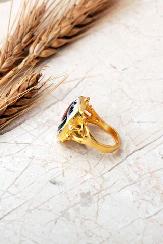 Laleli Çini Desenli Altın Yaldızlı Ayarlanabilir 925 Ayar Gümüş Oval Yüzük 6015