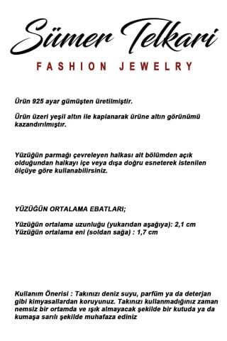 Laleli Çini Desenli Altın Yaldızlı Ayarlanabilir 925 Ayar Gümüş Oval Yüzük 6015