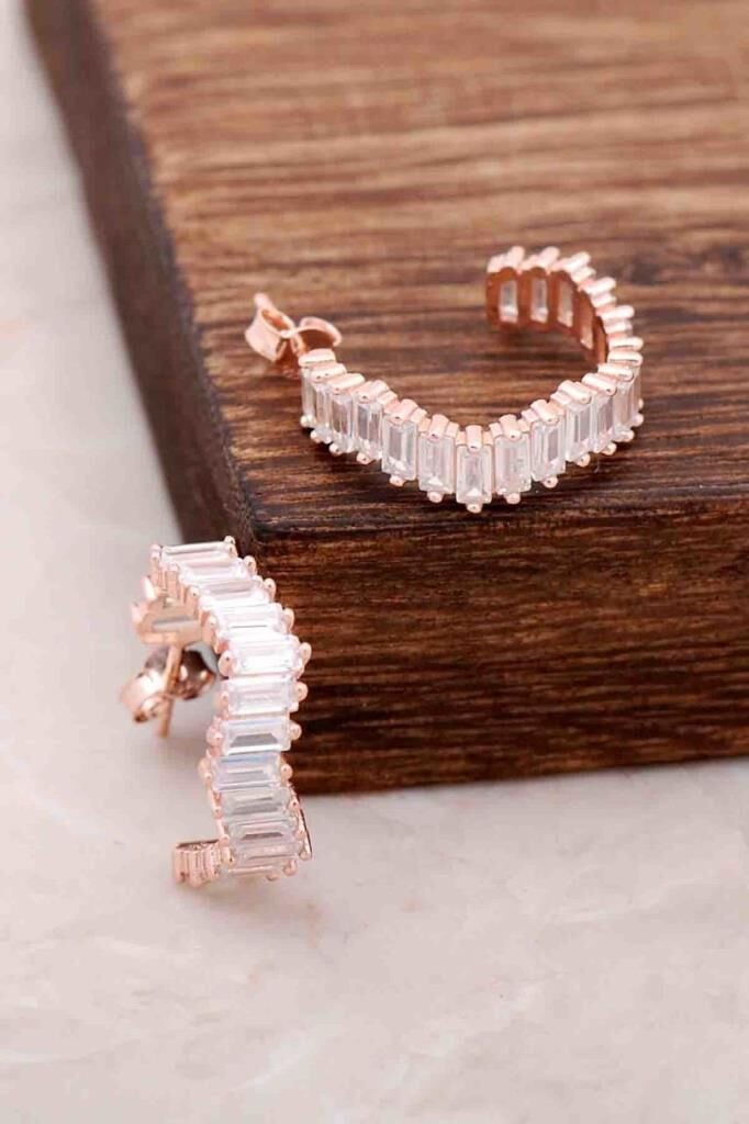 Baget Taşlı Rose Gümüş Küpe 4069