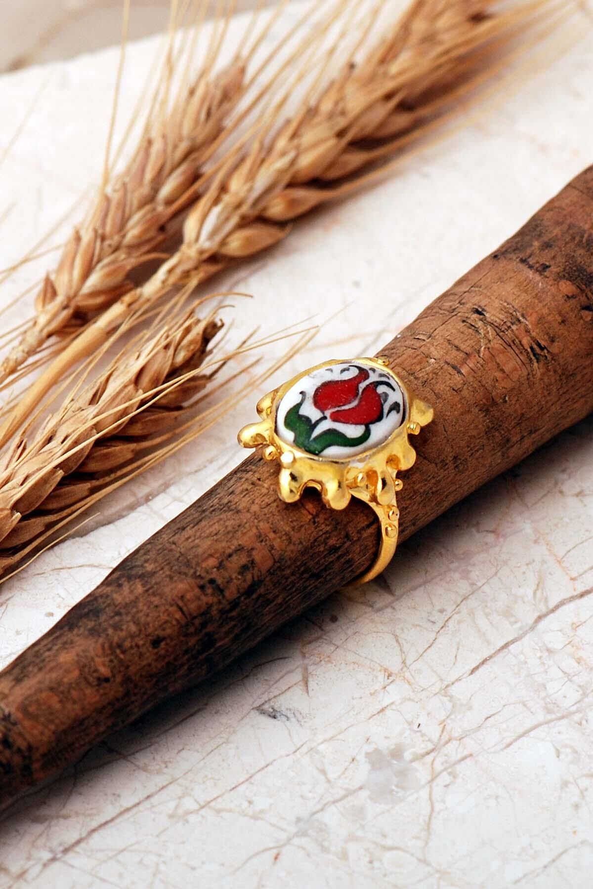 Laleli Çini Desenli Altın Yaldızlı Ayarlanabilir 925 Ayar Gümüş Yüzük 6016