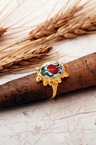 Laleli Çini Desenli Altın Yaldızlı Ayarlanabilir 925 Ayar Gümüş Yüzük 6016