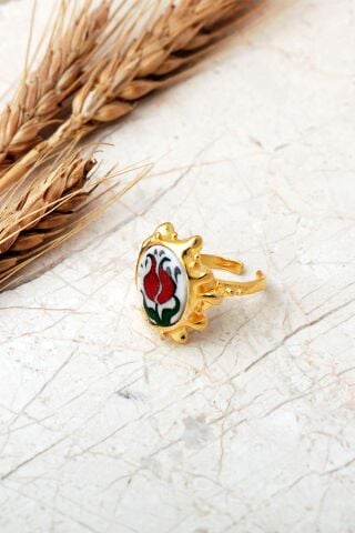 Laleli Çini Desenli Altın Yaldızlı Ayarlanabilir 925 Ayar Gümüş Yüzük 6016