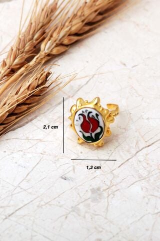 Laleli Çini Desenli Altın Yaldızlı Ayarlanabilir 925 Ayar Gümüş Yüzük 6016