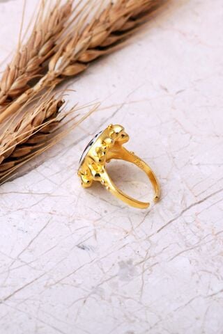 Laleli Çini Desenli Altın Yaldızlı Ayarlanabilir 925 Ayar Gümüş Yüzük 6016