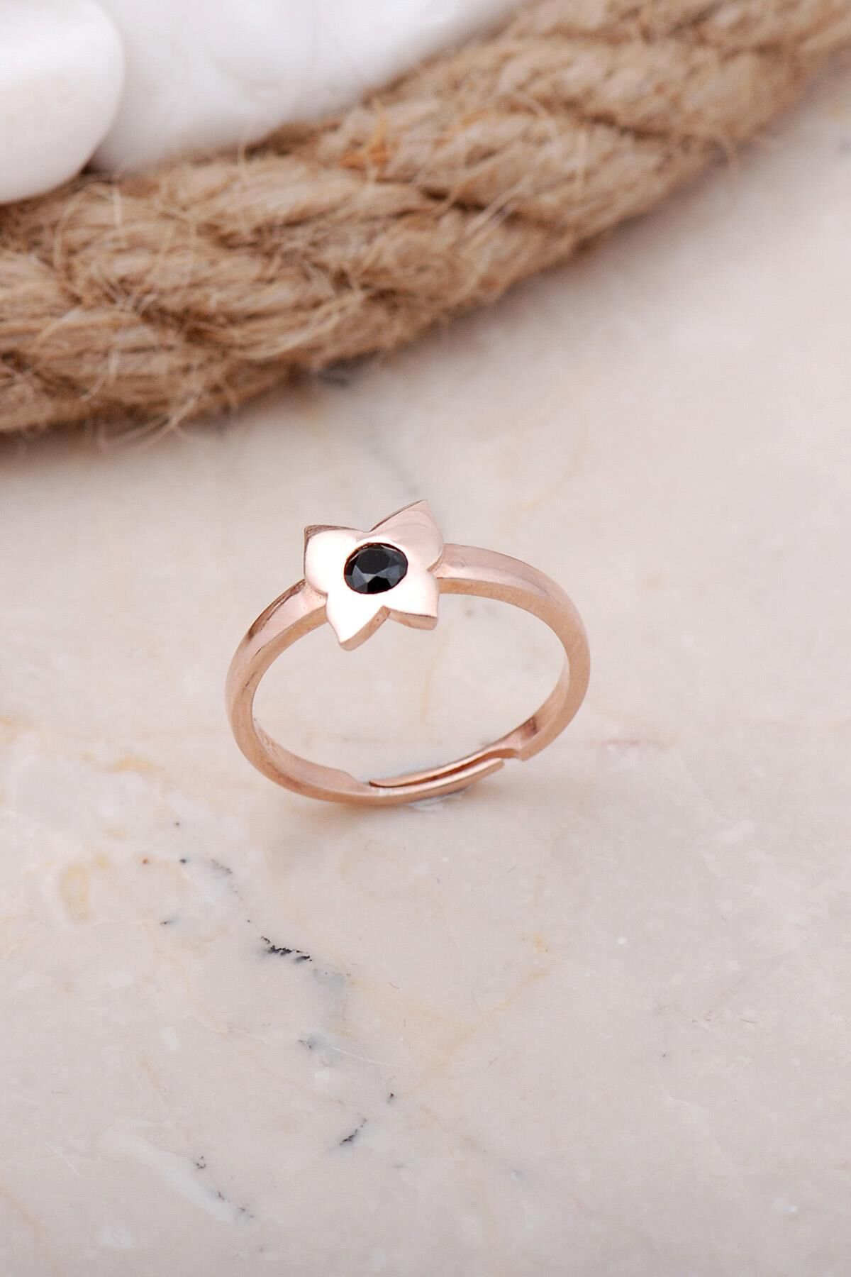 Oniks Taşlı Kelebek Rose Gümüş Yüzük 3420