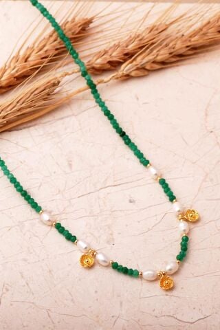 3 Farklı Doğal Taş Seçenekli Altın Yaldızlı 925 Ayar Gümüş İncili Dizgi Kolye 8113