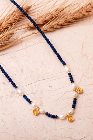 3 Farklı Doğal Taş Seçenekli Altın Yaldızlı 925 Ayar Gümüş İncili Dizgi Kolye 8113