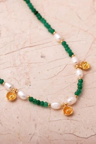 3 Farklı Doğal Taş Seçenekli Altın Yaldızlı 925 Ayar Gümüş İncili Dizgi Kolye 8113