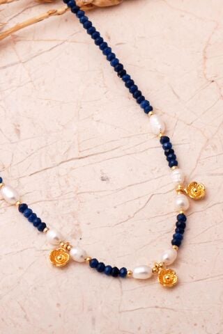 3 Farklı Doğal Taş Seçenekli Altın Yaldızlı 925 Ayar Gümüş İncili Dizgi Kolye 8113