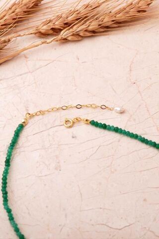 3 Farklı Doğal Taş Seçenekli Altın Yaldızlı 925 Ayar Gümüş İncili Dizgi Kolye 8113