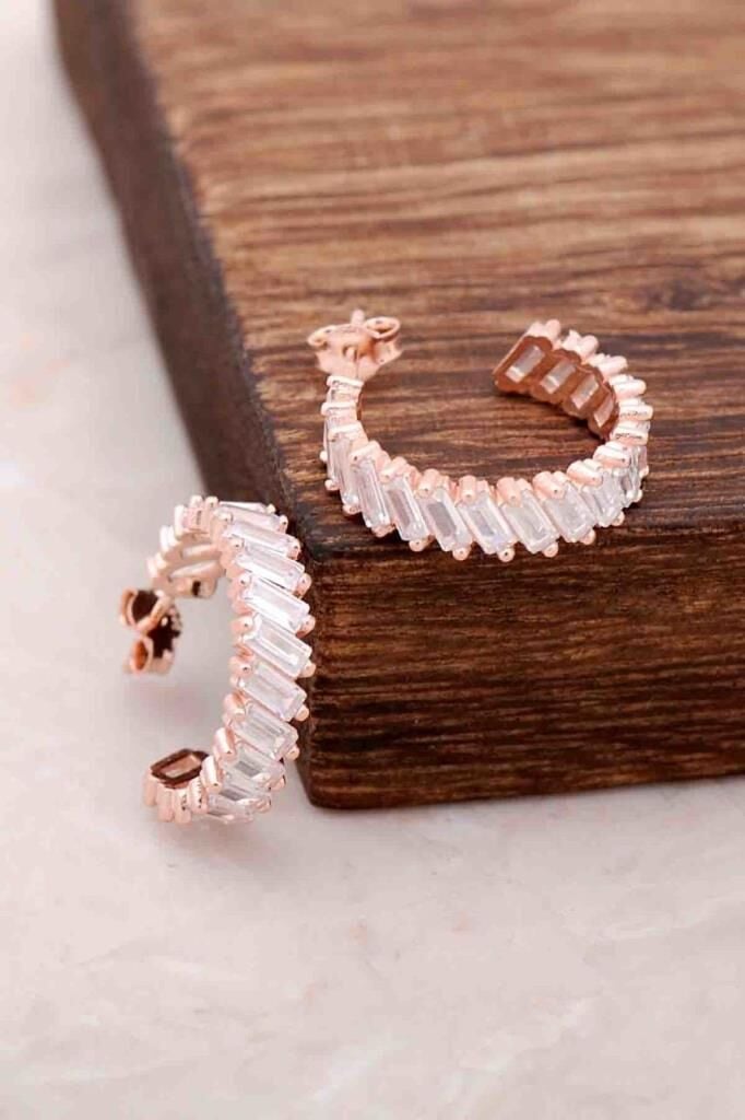 Baget Taşlı Rose Gümüş Halka Küpe 4070