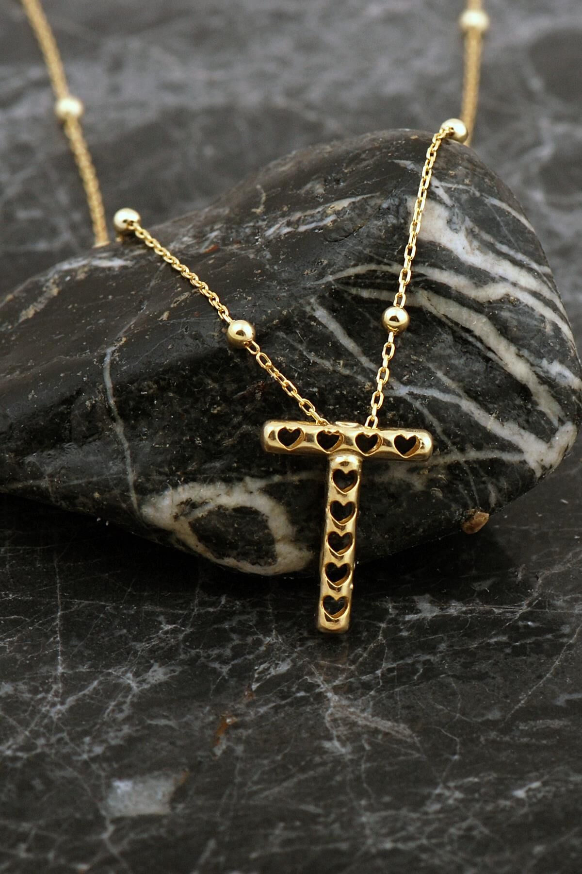 Kalpli Altın Kaplama T Harf Gümüş Balon Kolye 8057