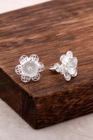 Telkari İşlemeli Çiçekli Gümüş Küpe 5003