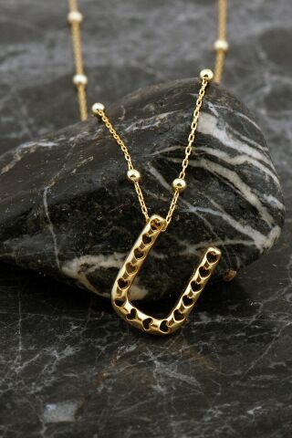 Kalpli Altın Kaplama U Harf Gümüş Balon Kolye 8058