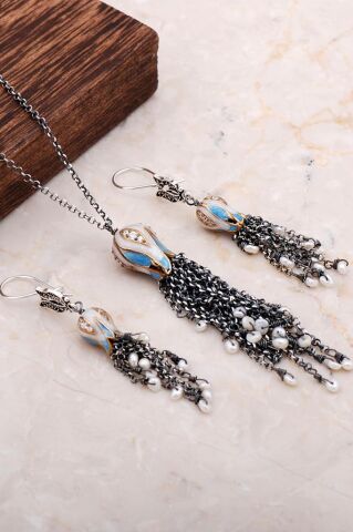 Mineli Laleli Tasarım Uzun Kolyeli İkili Set 2035