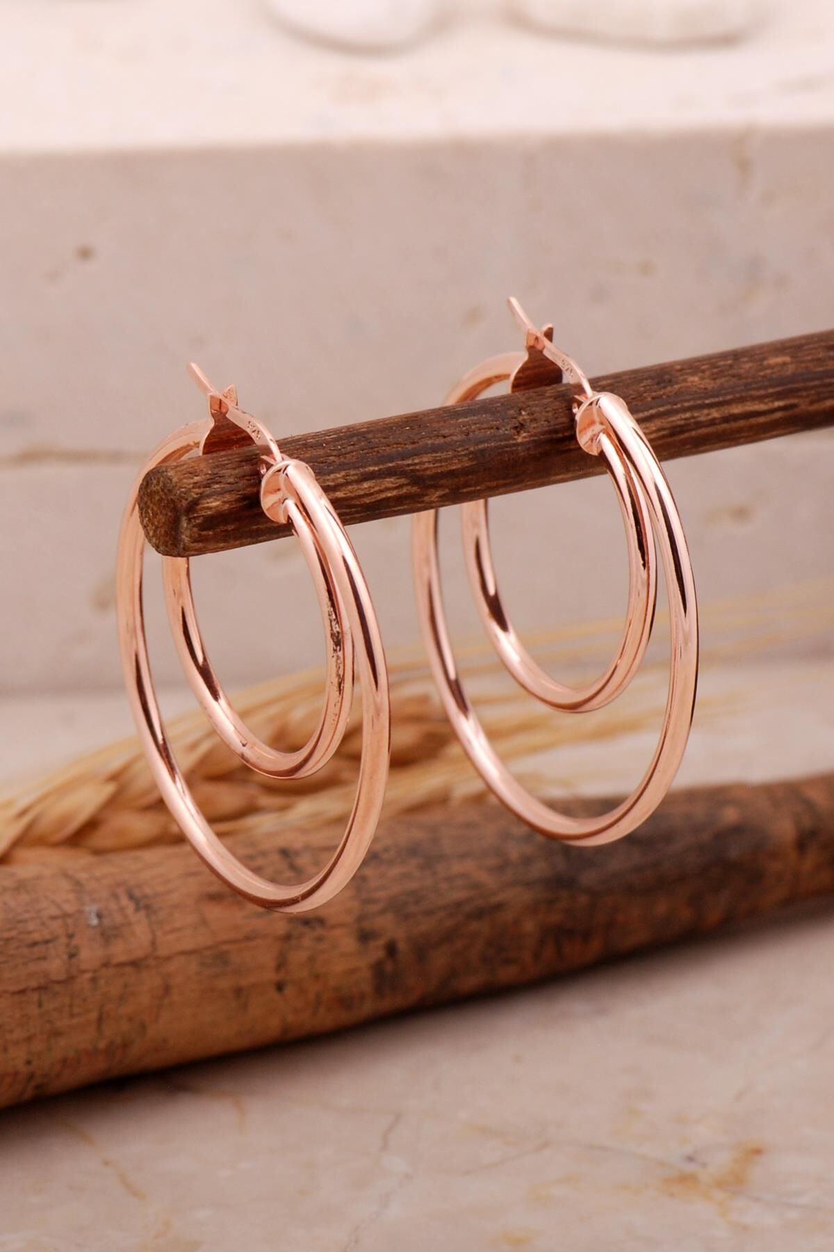 Rose Gümüş Şarnel Büyük Boy Halka Küpe 6876