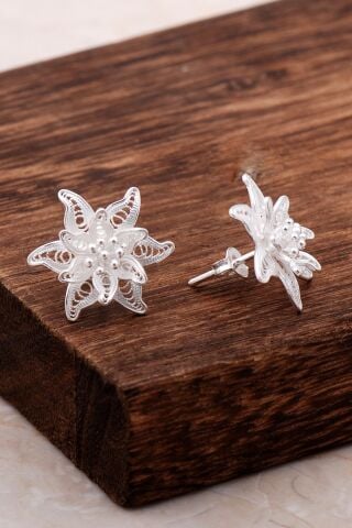 Telkari İşlemeli Gümüş Çiçekli Küpe 5005