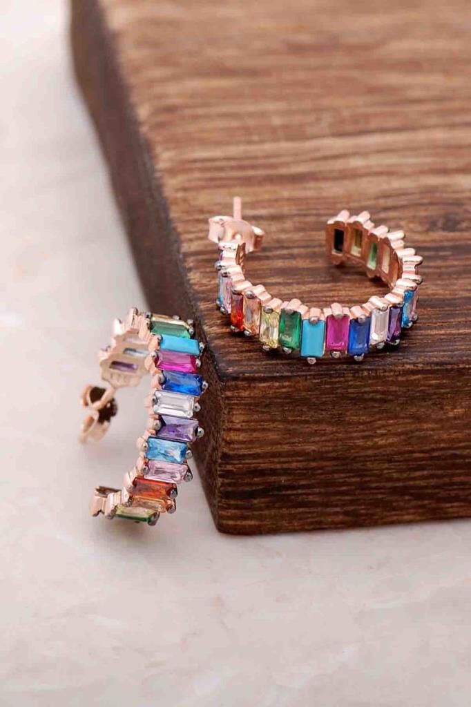 Baget Mix Taşlı Rose Gümüş Tasarım Küpe 4073