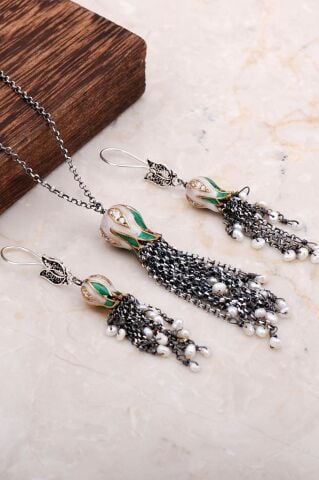 Mineli Laleli Tasarım Uzun Kolyeli İkili Set 2036