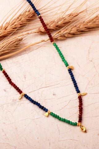 925 Ayar Gümüş Altın Yaldızlı Renkli Taşlı Dizgi Kolye 8114