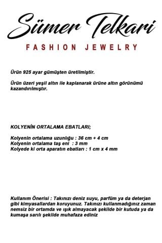 925 Ayar Gümüş Altın Yaldızlı Renkli Taşlı Dizgi Kolye 8114